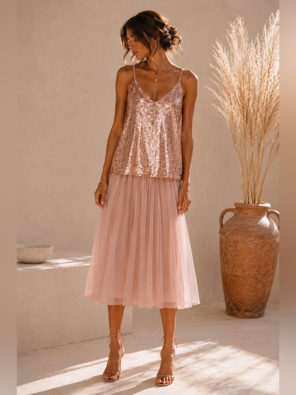New! KEEPSAKE the Label Rose Gold Sequin Cami & Blush Midi Dress 🌸 XS NWT!